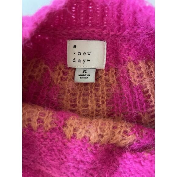 A New Day Fuzzy Crewneck Sweater Women M Pink Fair Isle Cozy Soft Cabincore - Picture 3 of 8